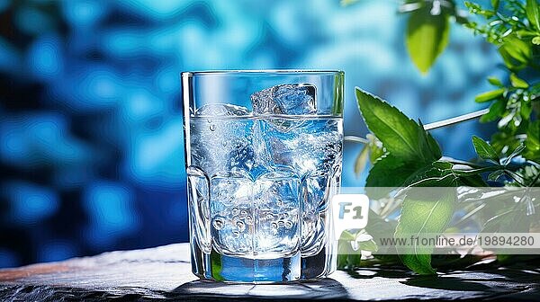 Ein Glas sprudelndes Wasser mit Blasen auf einer hölzernen Oberfläche  umgeben von frischen Blättern in einer ruhigen  blau getönten Umgebung  die Ai erzeugt hat