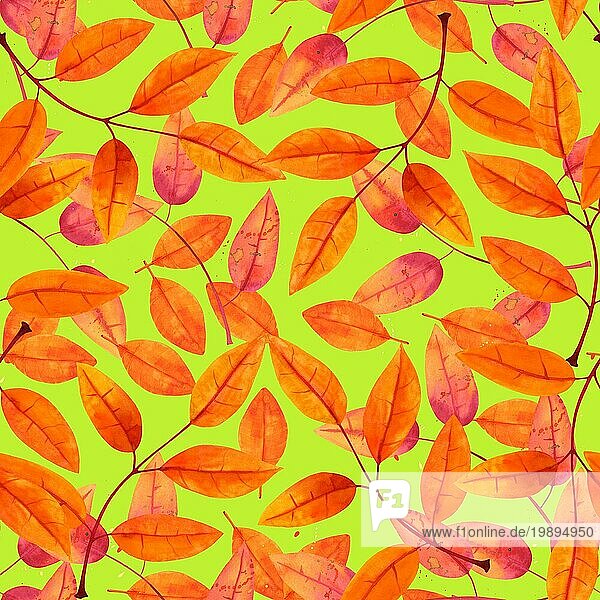Nahtlose Muster mit Aquarell Herbst Blätter auf einem lebendigen grünen Hintergrund  Herbst wiederholen drucken