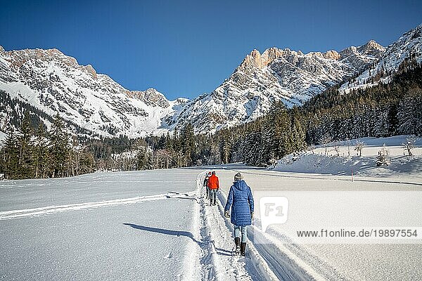Gruppe von Menschen gehen auf einem verschneiten Wanderweg  idyllische Winterlandschaft mit atemberaubender Bergkette  verschneiten Bäumen und blauem Himmel