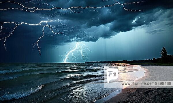 Blitzschlag über dem Meer bei stürmischer Nacht. Natur Hintergrund AI generiert  KI generiert