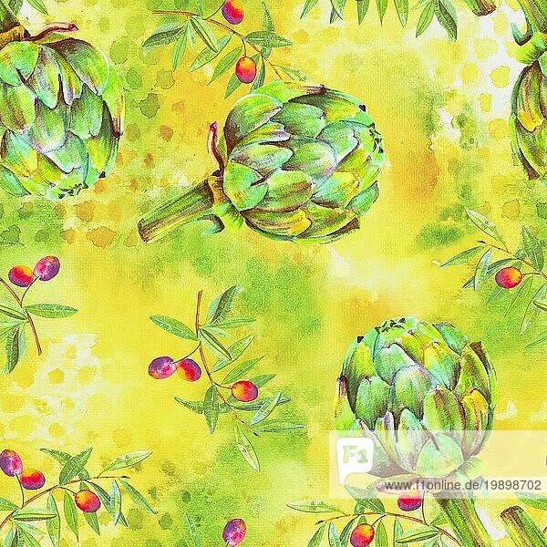 Ein nahtloses Aquarell Muster von lebendigen Olivenbaum Zweige mit Oliven und Artischocken  eine mediterrane Küche wiederholen Druck auf einem abstrakten grünen Hintergrund