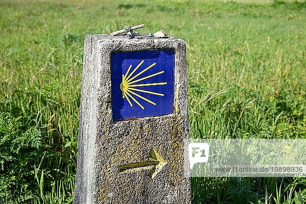 Zeichen des Jakobsweges. Konzept für die Pilgerreise nach Santiago de Compostela. Jakobsweg Muschelzeichen und gelber Pfeil