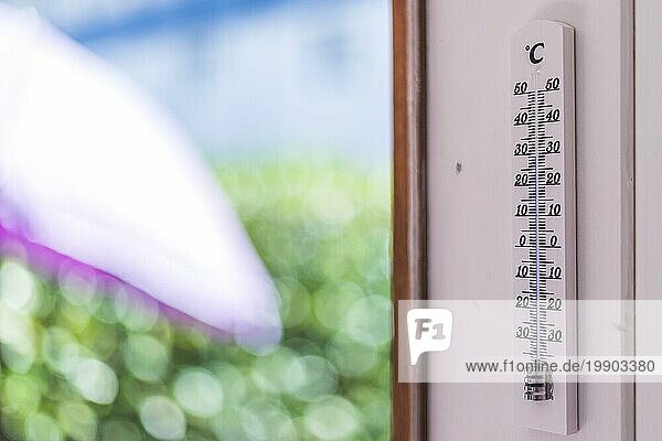 Thermometer Nahaufnahme im Sommer  unscharfer Hintergrund