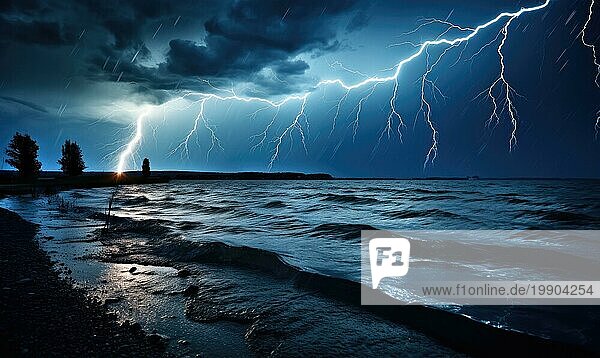 Blitzschlag über dem Meer bei stürmischer Nacht. Natur Hintergrund Ai generiert