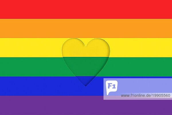 LGBTQ Stolz Flagge Hintergrund. Regenbogen bedruckter Karton mit ausgestanzter Herzform. Ansicht von oben