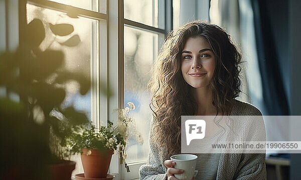 Schöne Frau stehen in der Nähe des Fensters und lächeln Ai erzeugt