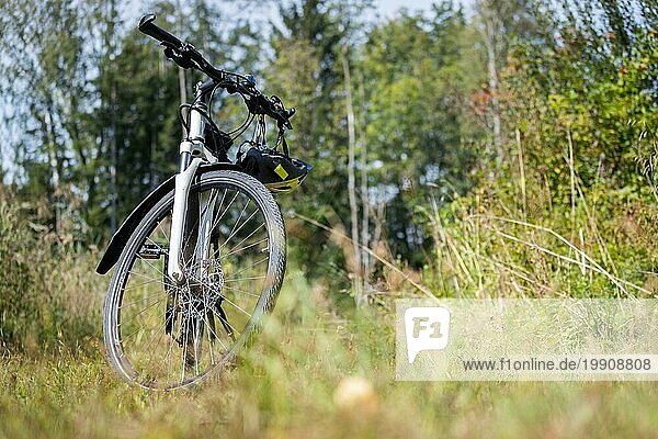 Fahrradtour. Fahrrad  Gras und Holz. Draußen  Textraum