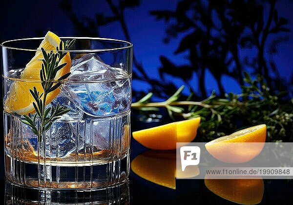 Ein Cocktail in einem Glas  garniert mit Eiswürfeln  Zitrone und Rosmarin  gespiegelt auf einer glänzenden Oberfläche in einem schwach beleuchteten Ambiente  das Ai erzeugt hat