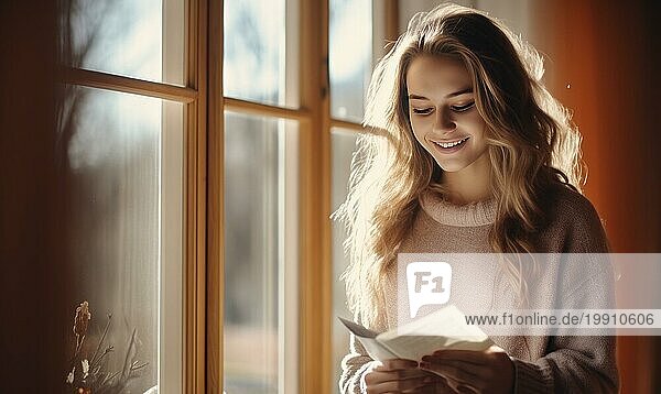 Schöne Frau stehen in der Nähe des Fensters und lesen ein Buch Ai erzeugt