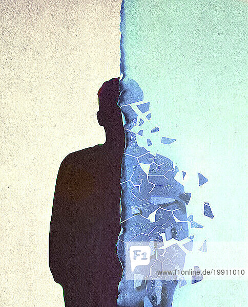 Illustration of silhouette of disintegrating man