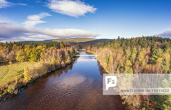 UK  Scotland  Aerial view of river Dee and Cambus o May Suspension Bridge in autumn