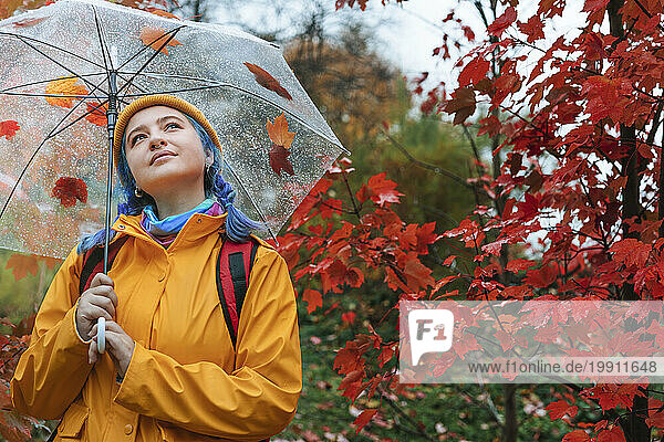 Happy woman holding umbrella near tree in autumn park