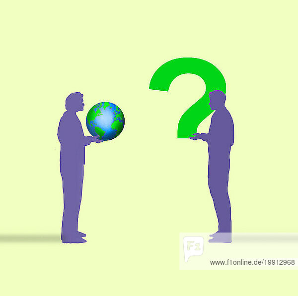 Two men standing with planet Earth and part of large question mark in hands