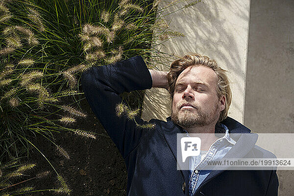 Businessman lying near plants with eyes closed on sunny day