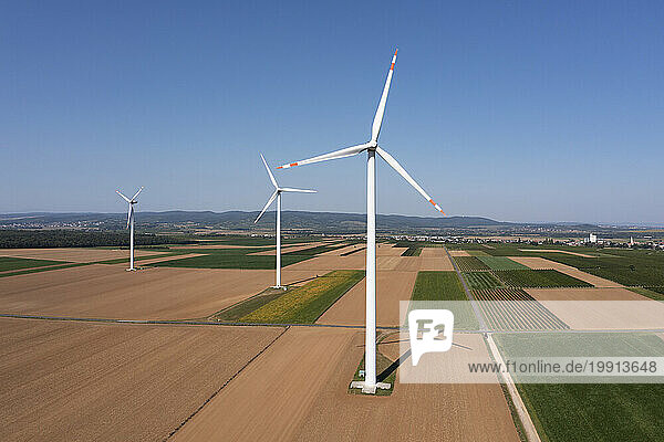 Austria  Burgenland  Drone view of rural wind farm