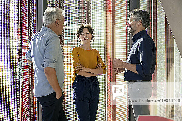 Smiling businesswoman talking to colleagues near window