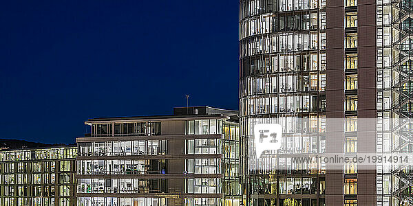 Germany  Baden-Wurttemberg  Stuttgart  Illuminated office buildings at night