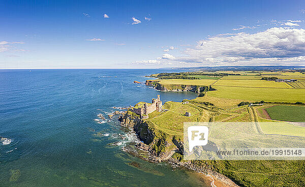 UK  Scotland  North Berwick  Aerial view of Tantallon Castle and Firth of Forth in sunlight