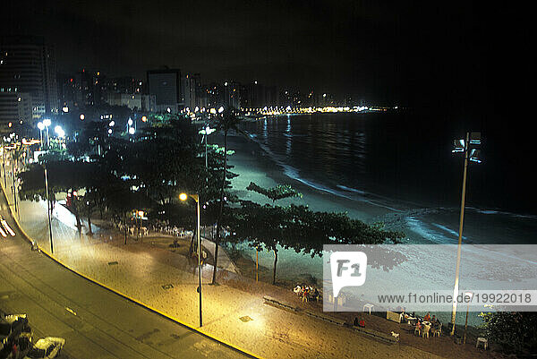 Highrise hotels and condos at night along the waterfront in Fortaleza  along the northern coast of Brazil.