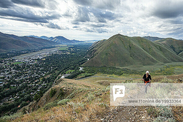 USA  Idaho  Bellevue  Senior woman hiking Carbonate Mountain trail