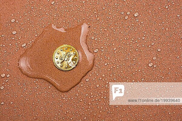 Gefälschte Goldmünze mit Wassertropfen in Nahaufnahme
