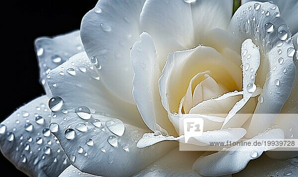 Nahaufnahme einer makellosen weißen Rose mit Tautropfen auf den Blütenblättern  die Gelassenheit und natürliche Eleganz ausstrahlt AI erzeugt  KI generiert