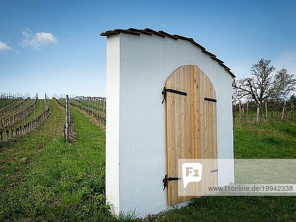 Kunstobjekt einer gefälschten Holztür auf einem Weinberg im Burgenland