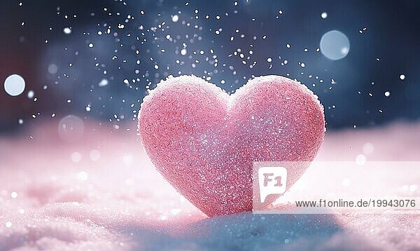 Ein Herz leuchtet mit Glitter und umgeben von rosa Schneeflocken vor einem Bokeh Hintergrund AI generiert  KI generiert