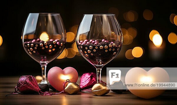 Eine romantische Szene mit Weingläsern  einem Herz und einer Kerze  die durch einen AI Hintergrund im Bokeh Stil verstärkt wird  KI generiert