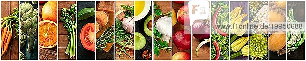 Bio Lebensmittel Collage. Viele Fotos von frischem Gemüse  veganes Design
