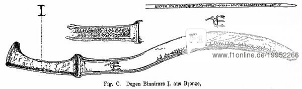 Degen von König Binnirar I  Material Bronze  Schwert  verzierter Griff aus Elfenbein  Inschrift  Sohn von Budil  Antike  historische Illustration 1886
