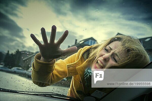 Junge Frau schlägt bei einem Unfall auf die Frontscheibe eines PKW auf