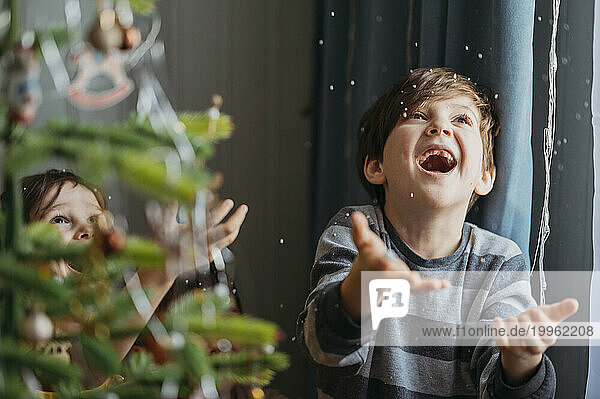 Playful boys catching fake snow near Christmas tree at home