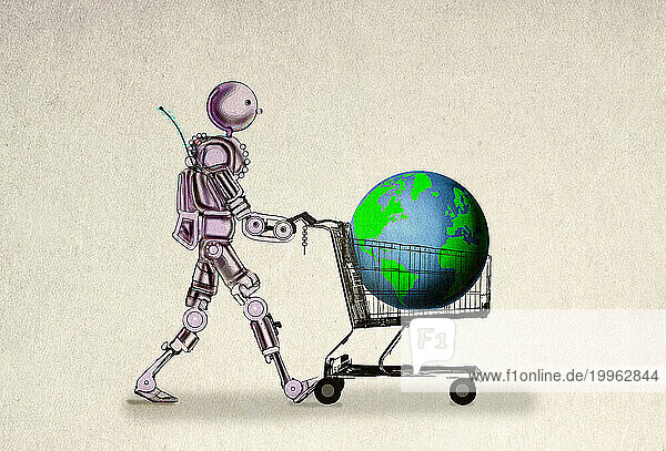 Robot pushing planet earth in shopping cart against beige background