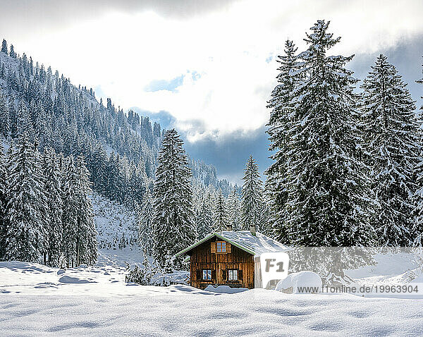Germany  Bavaria  Secluded hut in snowcapped Allgau Alps