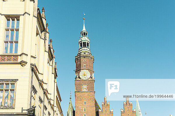 Poland  Lower Silesian Voivodeship  Wroclaw  Tower of historic town hall against clear sky