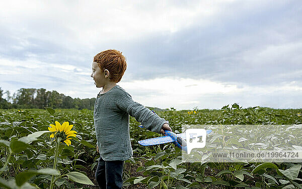 Redhead boy playing with toy airplane in field