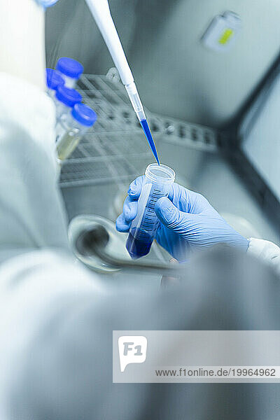 Scientist taking blue liquid sample in pipette from test tube at laboratory