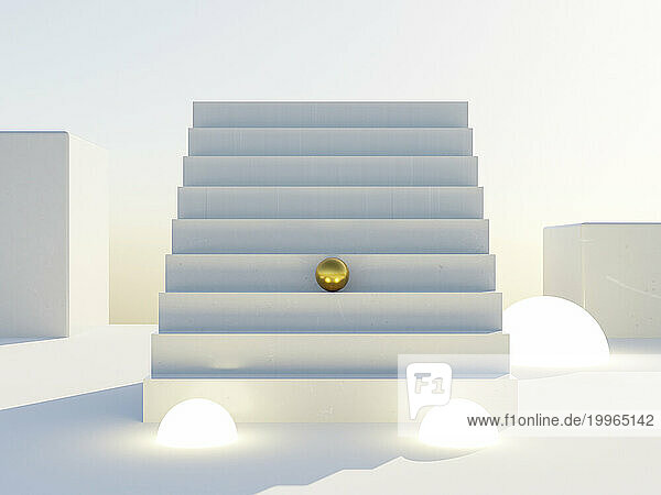 3d rendering of gold sphere on staircase