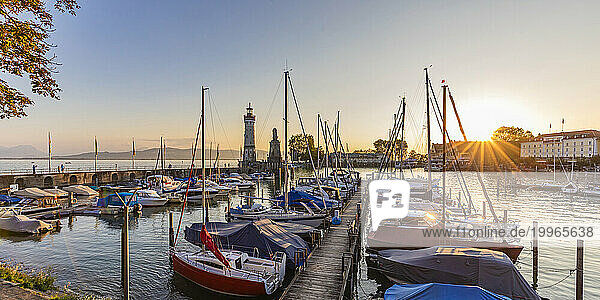 Germany  Bavaria  Lindau  Harbor on lake Bodensee at sunset