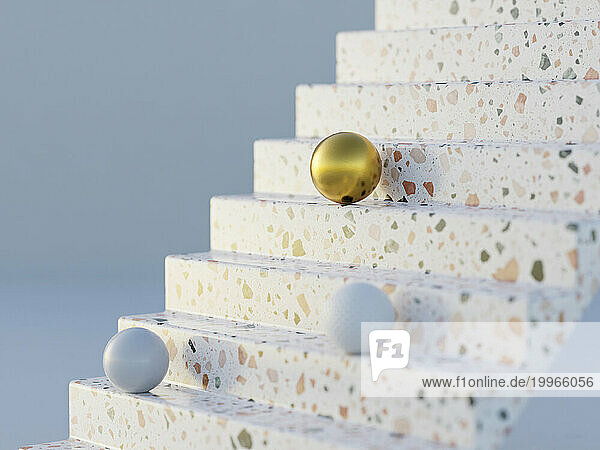 3d rendering of terrazzo staircase with spheres