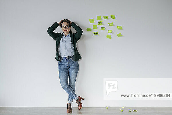 Businesswoman leaning on white wall near notes in office