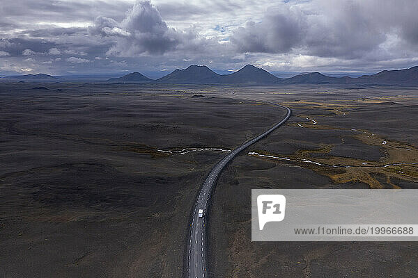 Iceland  Austurland  Aerial view of lone truck driving along Route 1