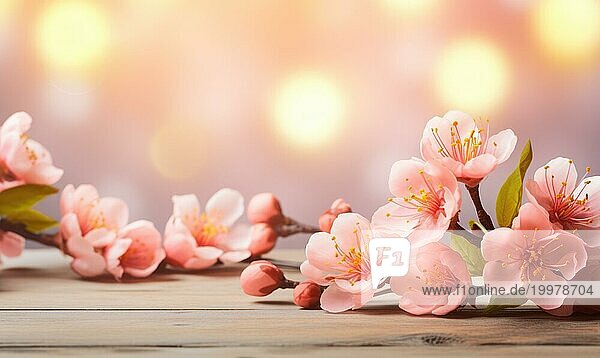 Ruhige Umgebung von Kirschblüten mit weichen Lichtern und einem warmen Ambiente Holztisch mit rosa Pfirsichblüten Blumen über verschwommenen Hintergrund. AI generiert  KI generiert