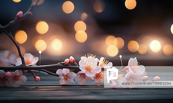 Ruhige Kirschblüten mit warmem Bokeh in der Abenddämmerung aufgenommen Holztisch mit rosafarbenen Pfirsichblütenblüten über unscharfem Hintergrund. AI generiert  KI generiert