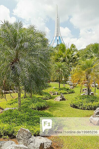 Palmensammlung im Stadtpark in Kuching  Malaysia  tropischer Garten mit großen Bäumen und Rasenflächen  Gartenarbeit  Landschaftsgestaltung  Steinkomposition  Steingarten. Tageszeit mit bewölktem blauen Himmel  Asien