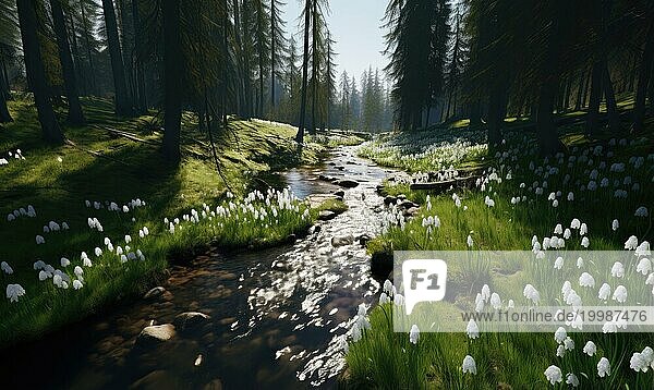 Ein friedlicher Bach im Wald  umgeben von Schneeglöckchen und in Sonnenlicht getaucht  erzeugt AI  KI generiert