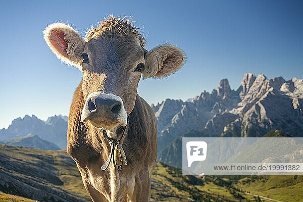 Rind schaut in Kamera  frontal  Porträt  hinten Berge  Sommer  Sextener Dolomiten  Südtirol  Italien  Europa