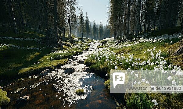 Ein Bach durch einen Wald mit Schneeglöckchen an den Ufern  friedlich und rein AI erzeugt  KI generiert