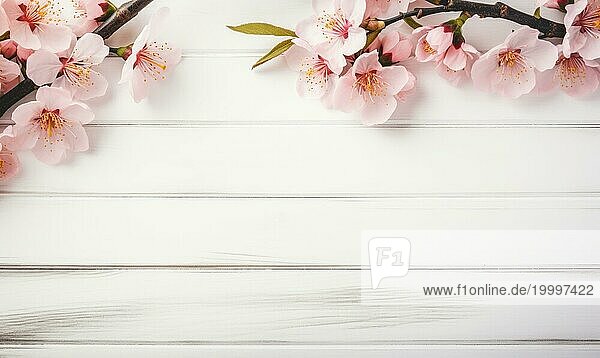 Saubere und ruhige Kirschblüten auf Holzdielen Holztisch mit rosa Pfirsichblüten Blumen über verschwommenen Hintergrund. AI generiert  KI generiert